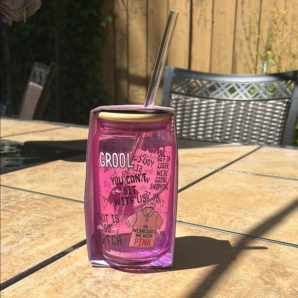 Mean Girls Pink 16 oz glass tumbler with bamboo lid and glass straw - Picture 1 of 8